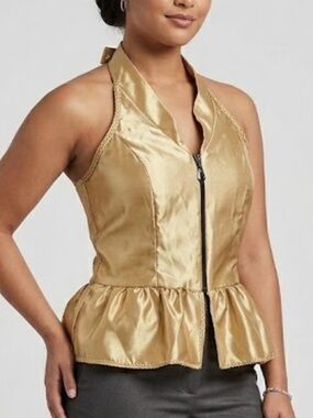 Gold Satin Halter Peplum Zip-Front Top